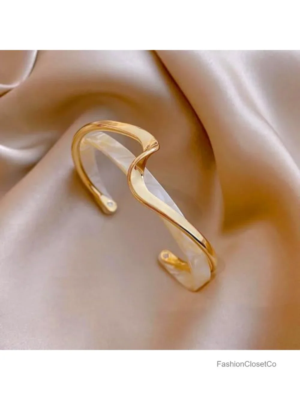 Wave Resin Bangle Bracelet, Gold Metal Wrapped Acrylic Open Cuff, Irregular